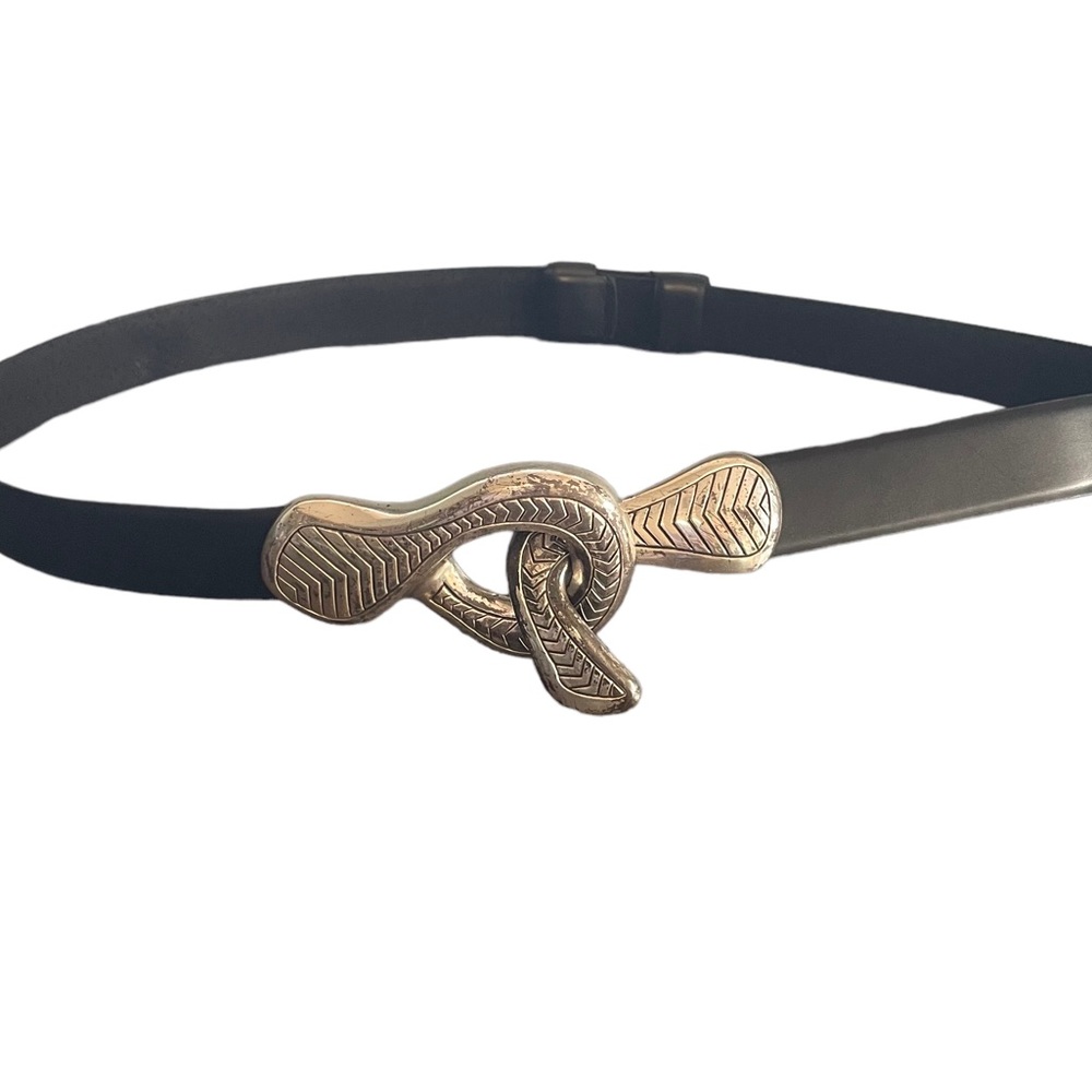 Vintage CHICO'S Black Leather Belt with Silver Interlocking Buckle Snake M/L 38”